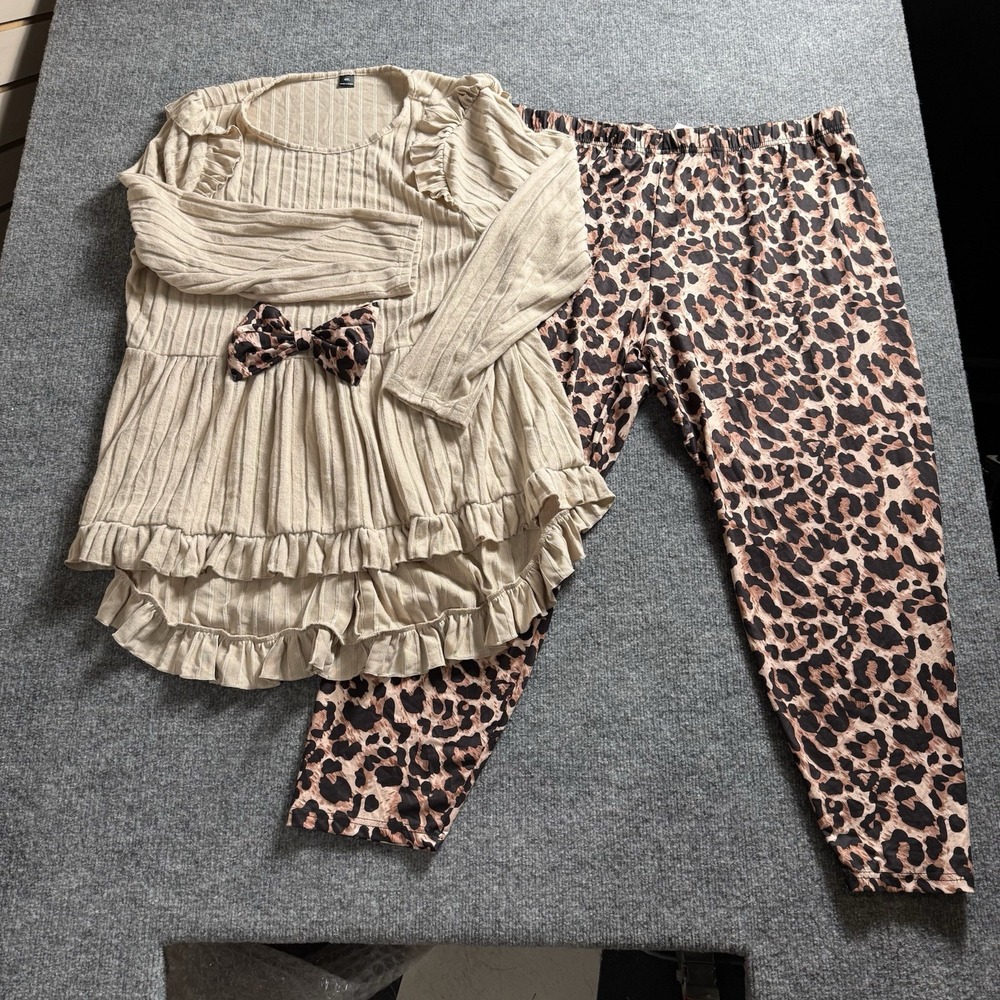 Women 2 Pc Outfit Tan Ribbed Ruffle Tiered Tunic Top Leopard Print Pants 4X